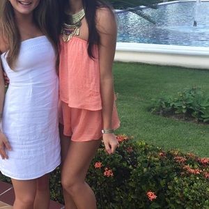 bright orange/peach silky strapless romper
